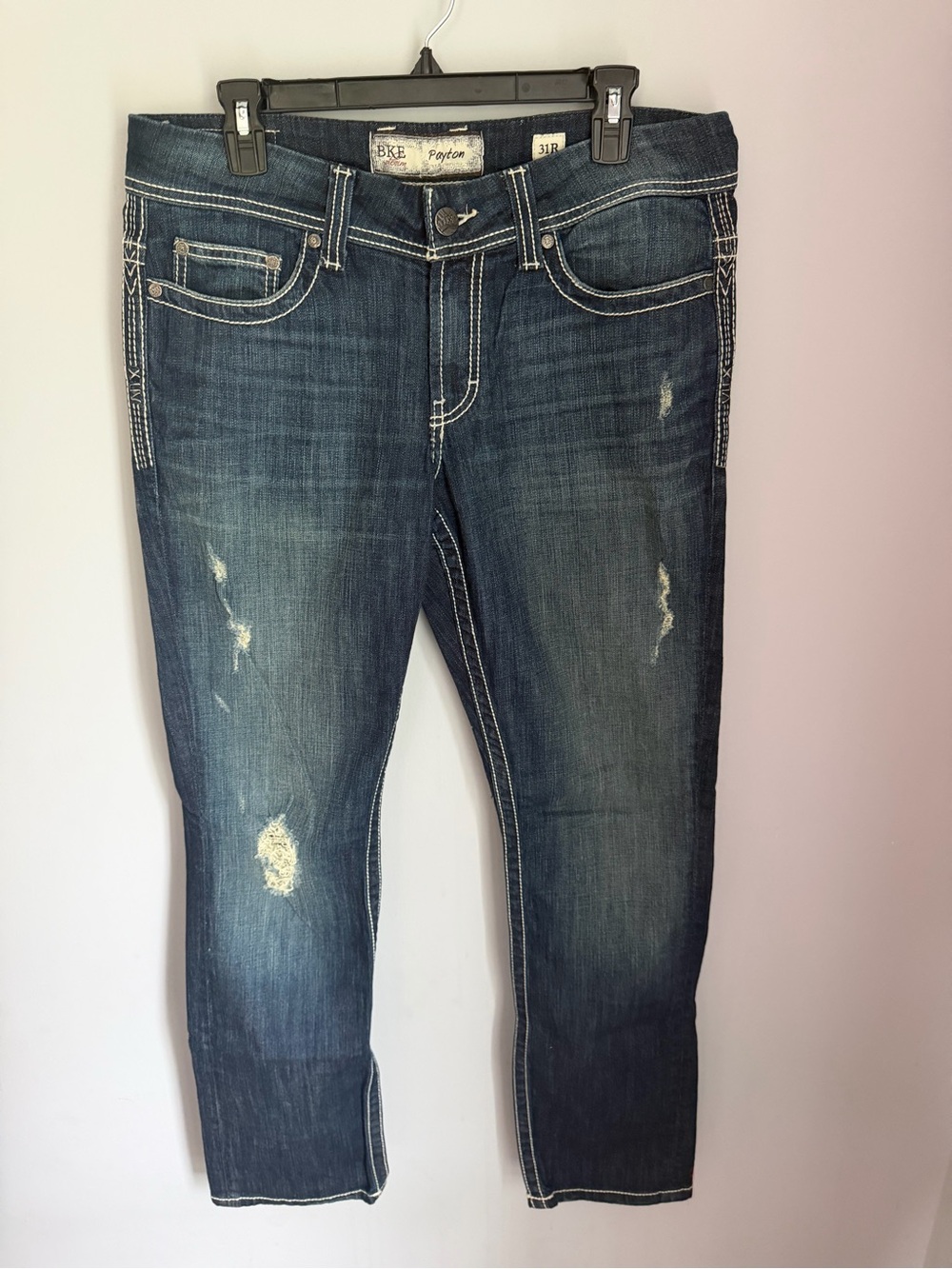 BKE Payton Straight Jeans Women’s 31 x 31.5 Dark Wash Distressed Buckle Denim
